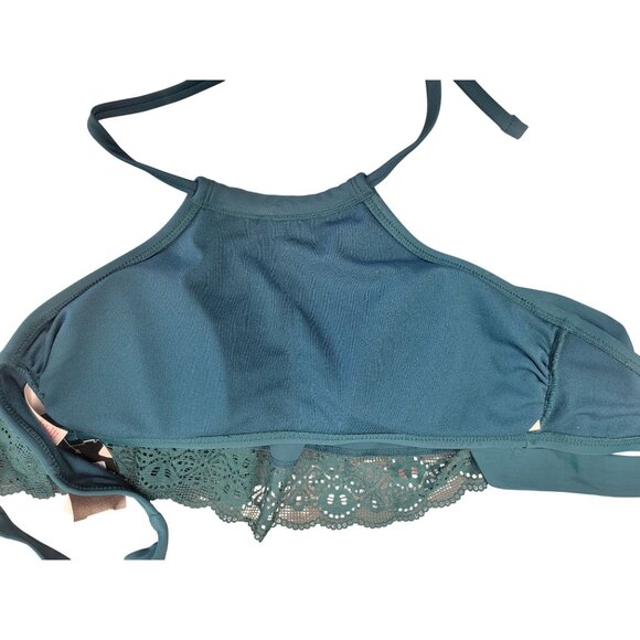 Teal Halter Bikini Top With Lace Trim Women's Swimwear Size Large Juniors - Picture 6 of 8